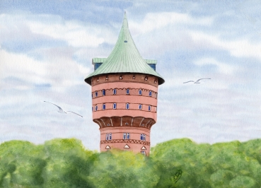 Poster DIN-A4 Aquarell Maritim Kunst Druck Kunstdruck Nordsee Cuxhaven Wasserturm Turm